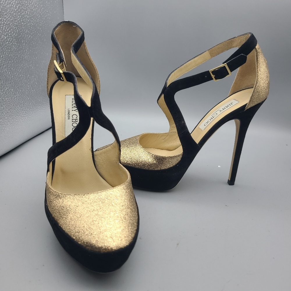 Jimmy Choo black suede glitter  pumps heel shoes sz 8.5 - Picture 2 of 11